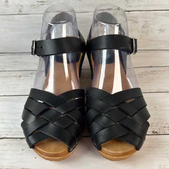 MIA Bety Sandals Womens 9M Black Leather Peep Toe Wooden Clogs Woven Adjustable - Picture 3 of 11